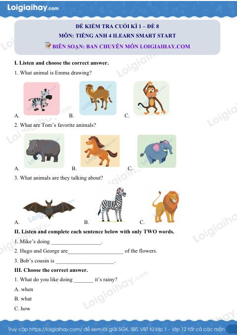 Đề thi học kì 1 Tiếng Anh 4 iLearn Smart Start - Đề số 8